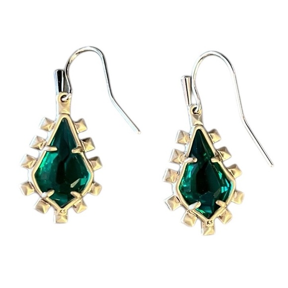 Kendra Scott Emerald Green & Clear Rhinestone Teardrop Shaped Gold Earrings NWOT - Picture 2 of 2